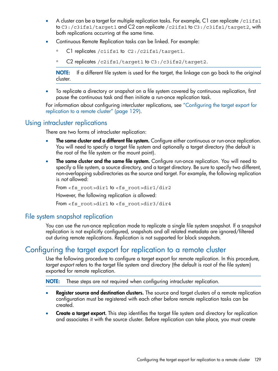 Using intracluster replications, File system snapshot replication | HP StoreAll Storage User Manual | Page 129 / 254