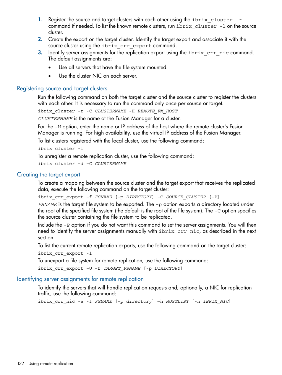 Registering source and target clusters, Creating the target export | HP StoreAll Storage User Manual | Page 132 / 254