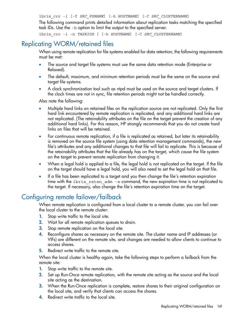 Replicating worm/retained files, Configuring remote failover/failback | HP StoreAll Storage User Manual | Page 141 / 254