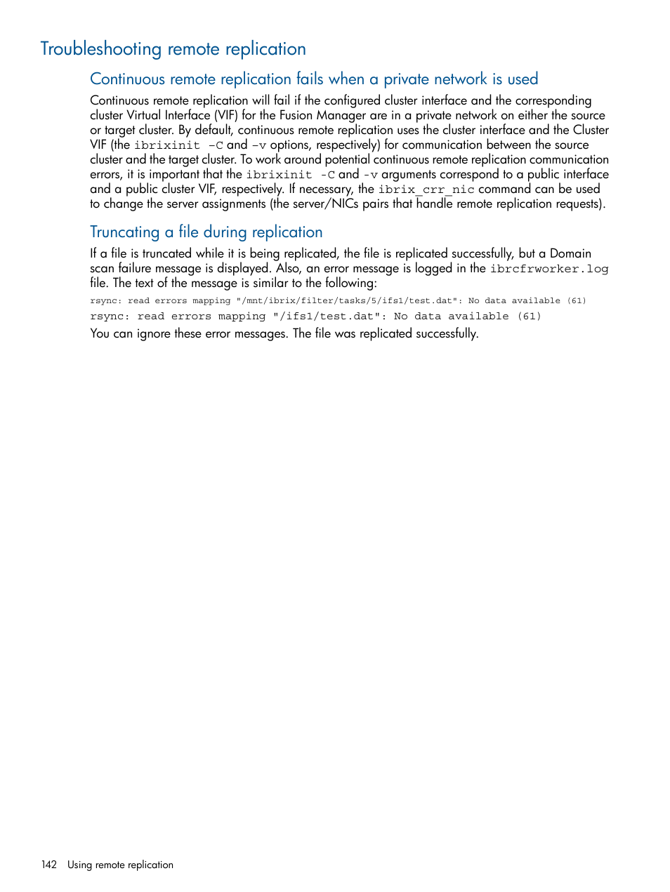 Troubleshooting remote replication, Truncating a file during replication | HP StoreAll Storage User Manual | Page 142 / 254