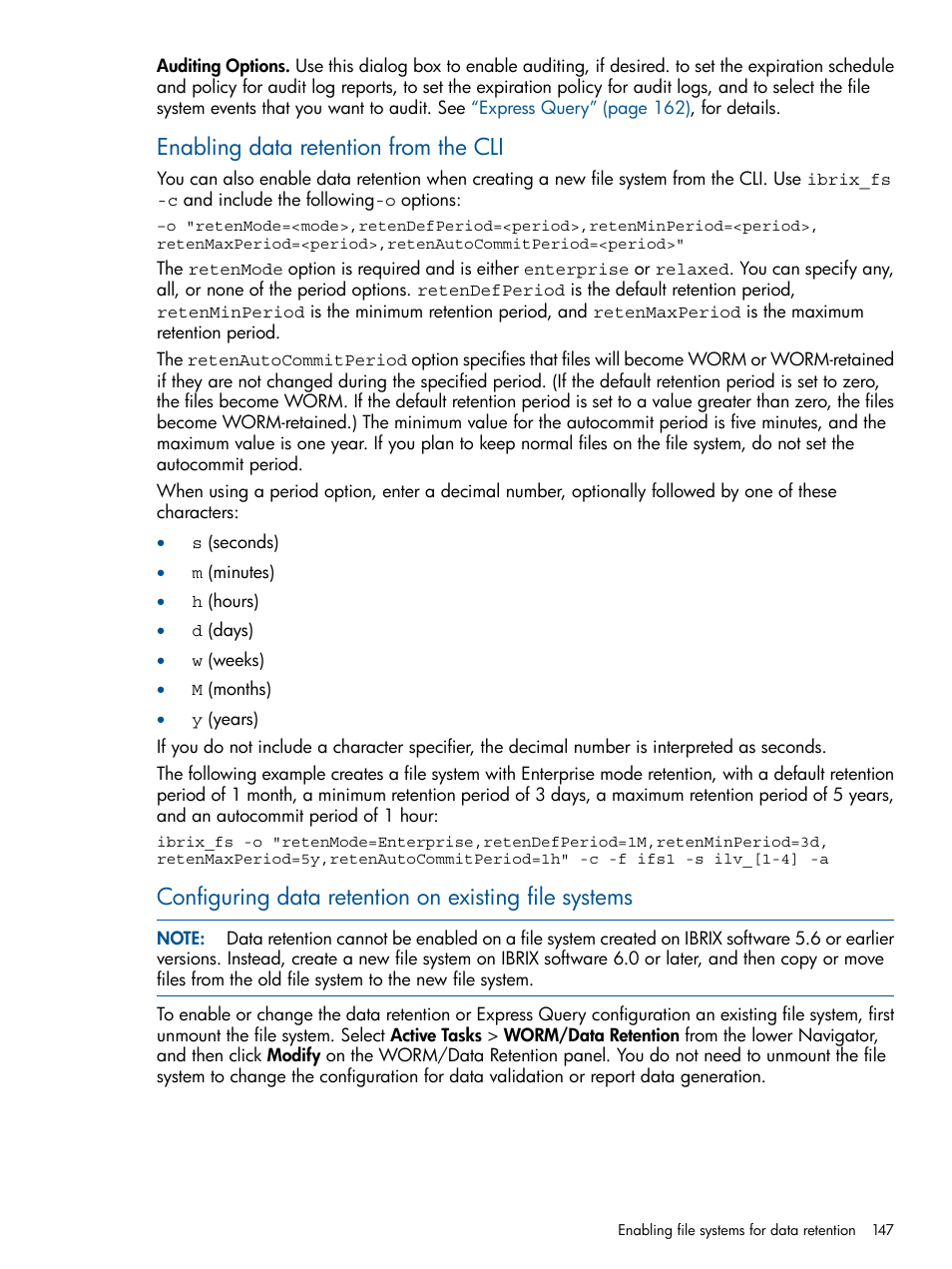 Enabling data retention from the cli | HP StoreAll Storage User Manual | Page 147 / 254