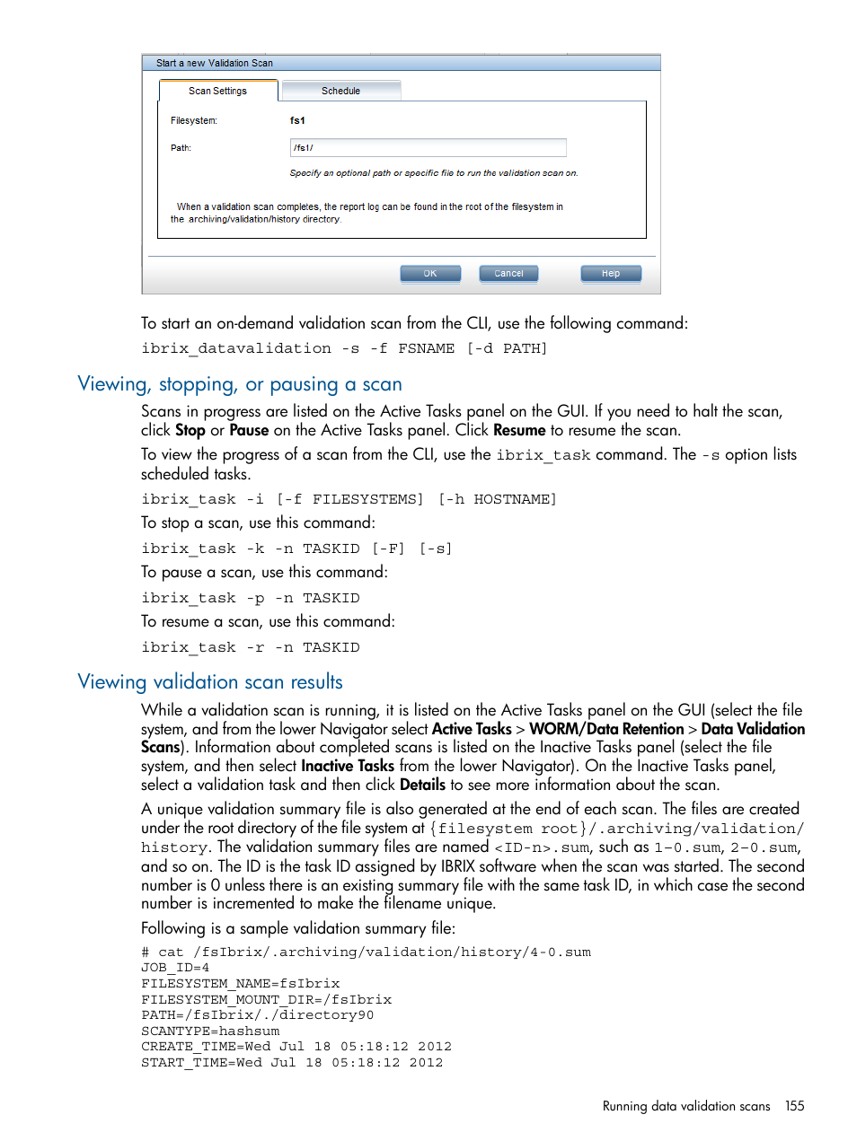 Viewing, stopping, or pausing a scan, Viewing validation scan results | HP StoreAll Storage User Manual | Page 155 / 254