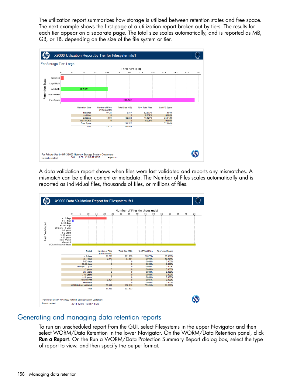 Generating and managing data retention reports | HP StoreAll Storage User Manual | Page 158 / 254