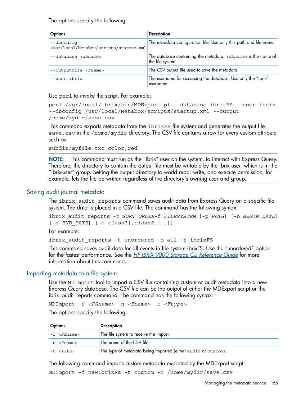 Saving audit journal metadata, Importing metadata to a file system, Importing | HP StoreAll Storage User Manual | Page 165 / 254