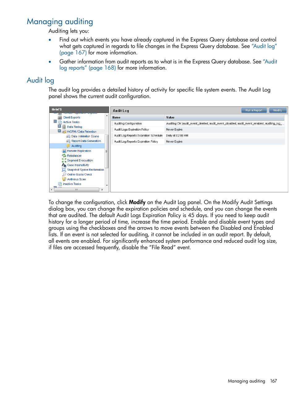 Managing auditing, Audit log | HP StoreAll Storage User Manual | Page 167 / 254