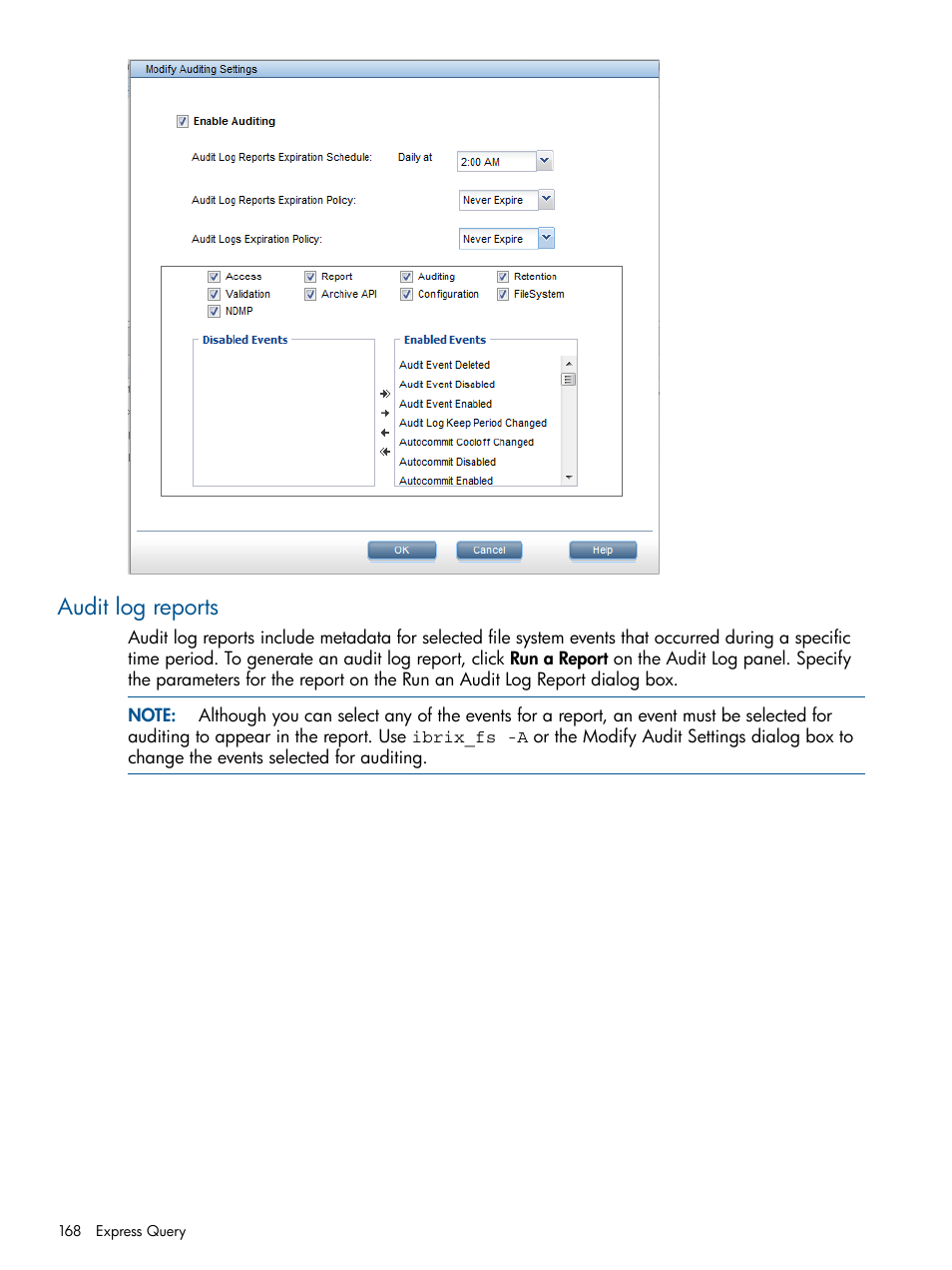 Audit log reports, Audit | HP StoreAll Storage User Manual | Page 168 / 254