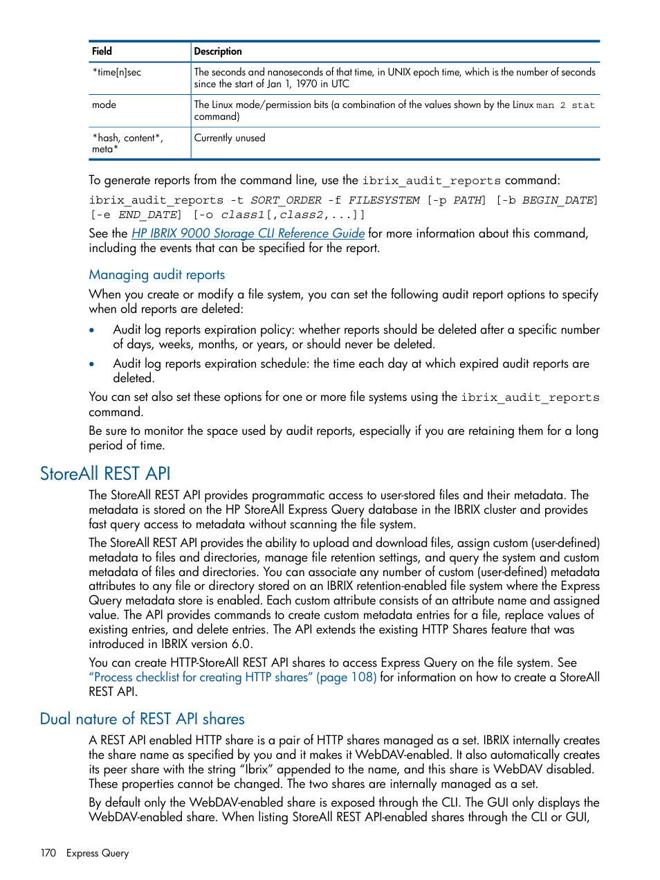 Storeall rest api, Dual nature of rest api shares | HP StoreAll Storage User Manual | Page 170 / 254