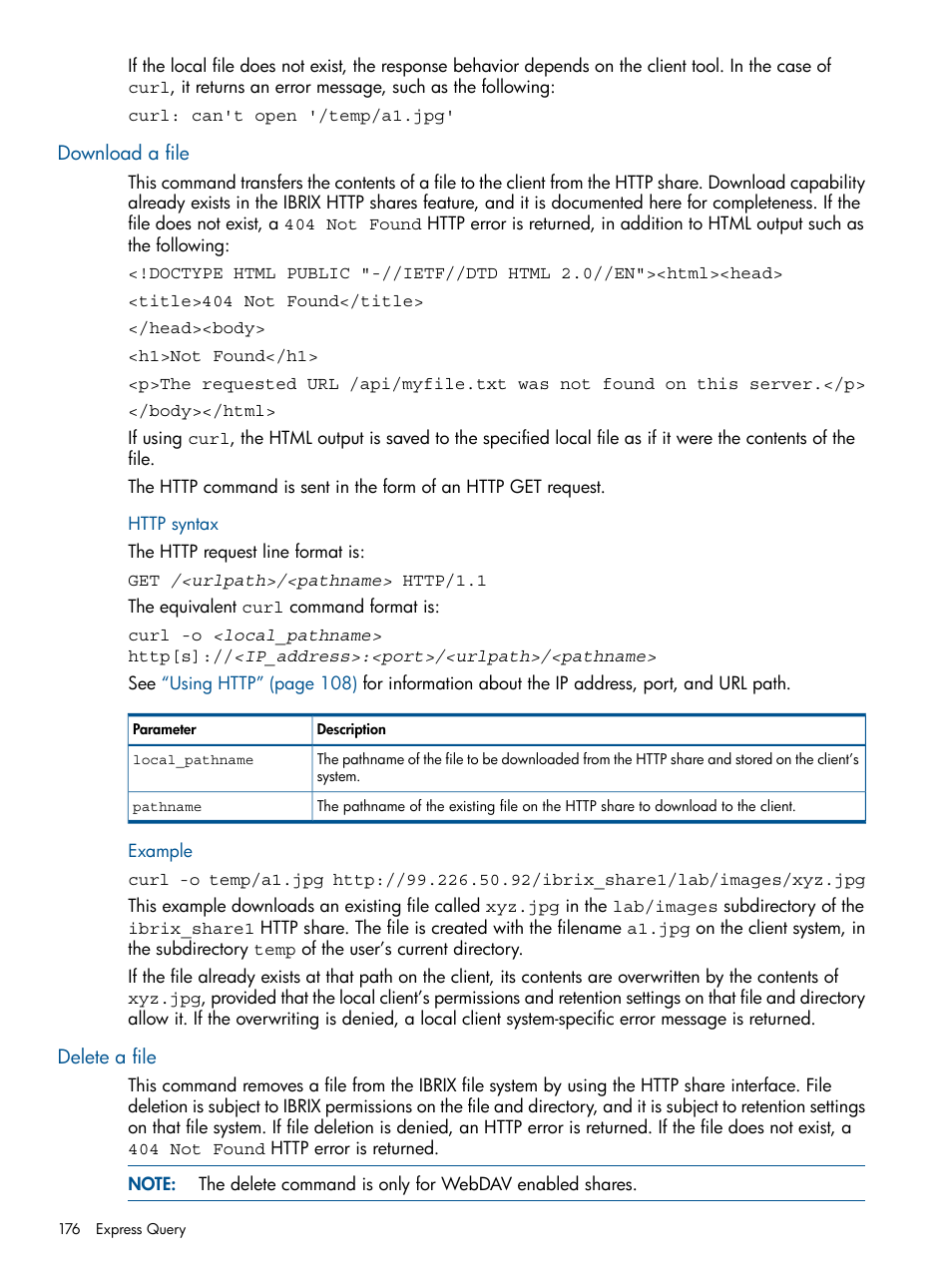 Download a file, Delete a file | HP StoreAll Storage User Manual | Page 176 / 254