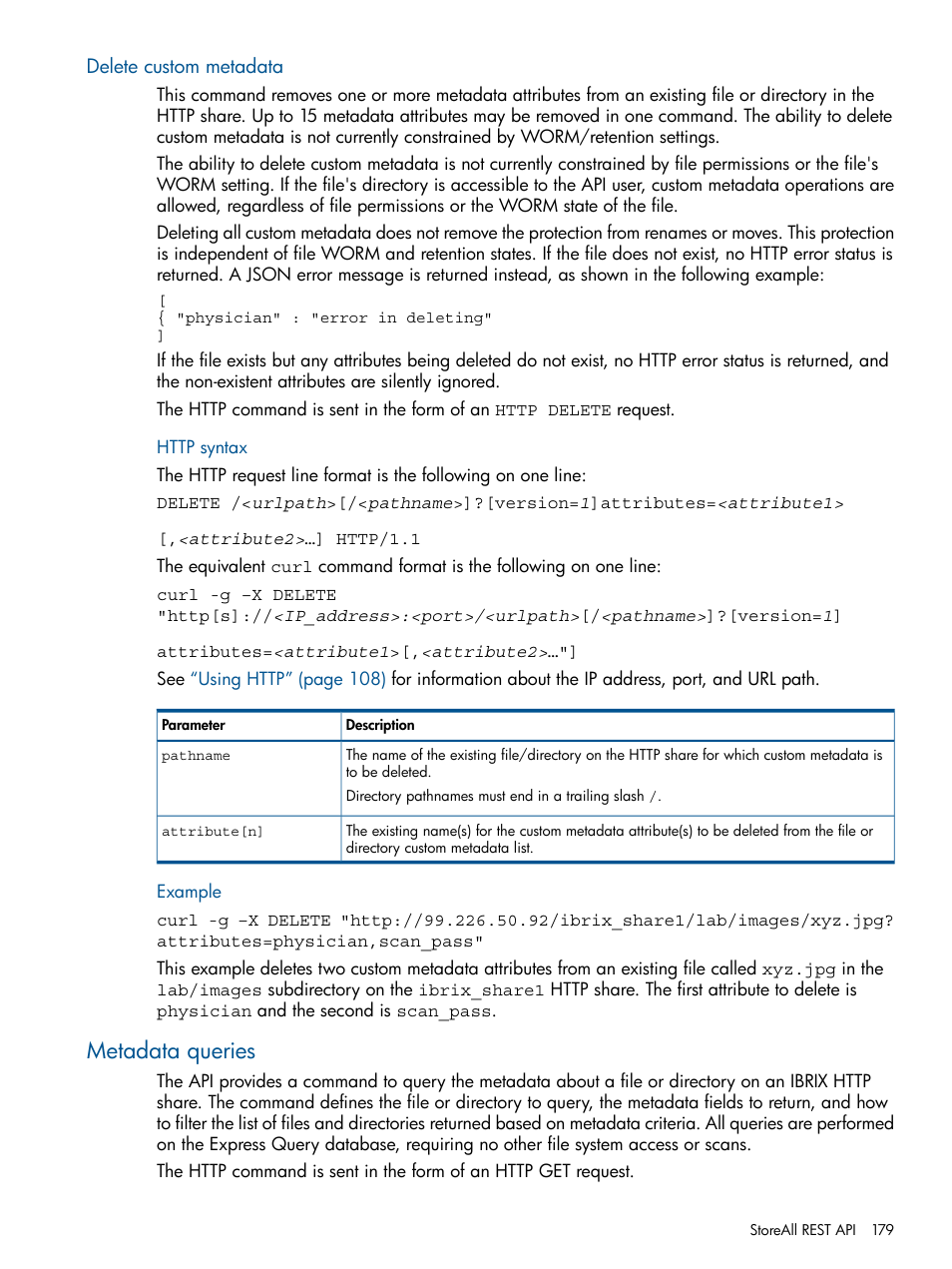 Delete custom metadata, Metadata queries | HP StoreAll Storage User Manual | Page 179 / 254
