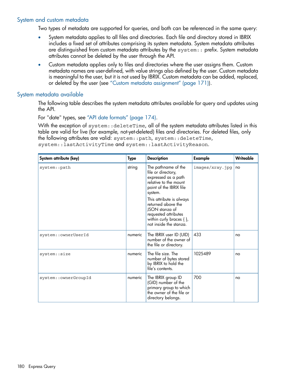 System and custom metadata, System metadata available | HP StoreAll Storage User Manual | Page 180 / 254