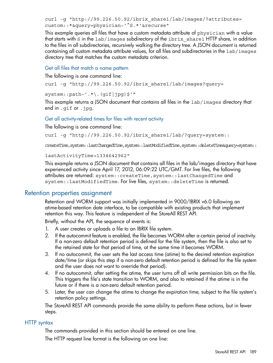 Retention properties assignment, Http syntax | HP StoreAll Storage User Manual | Page 189 / 254