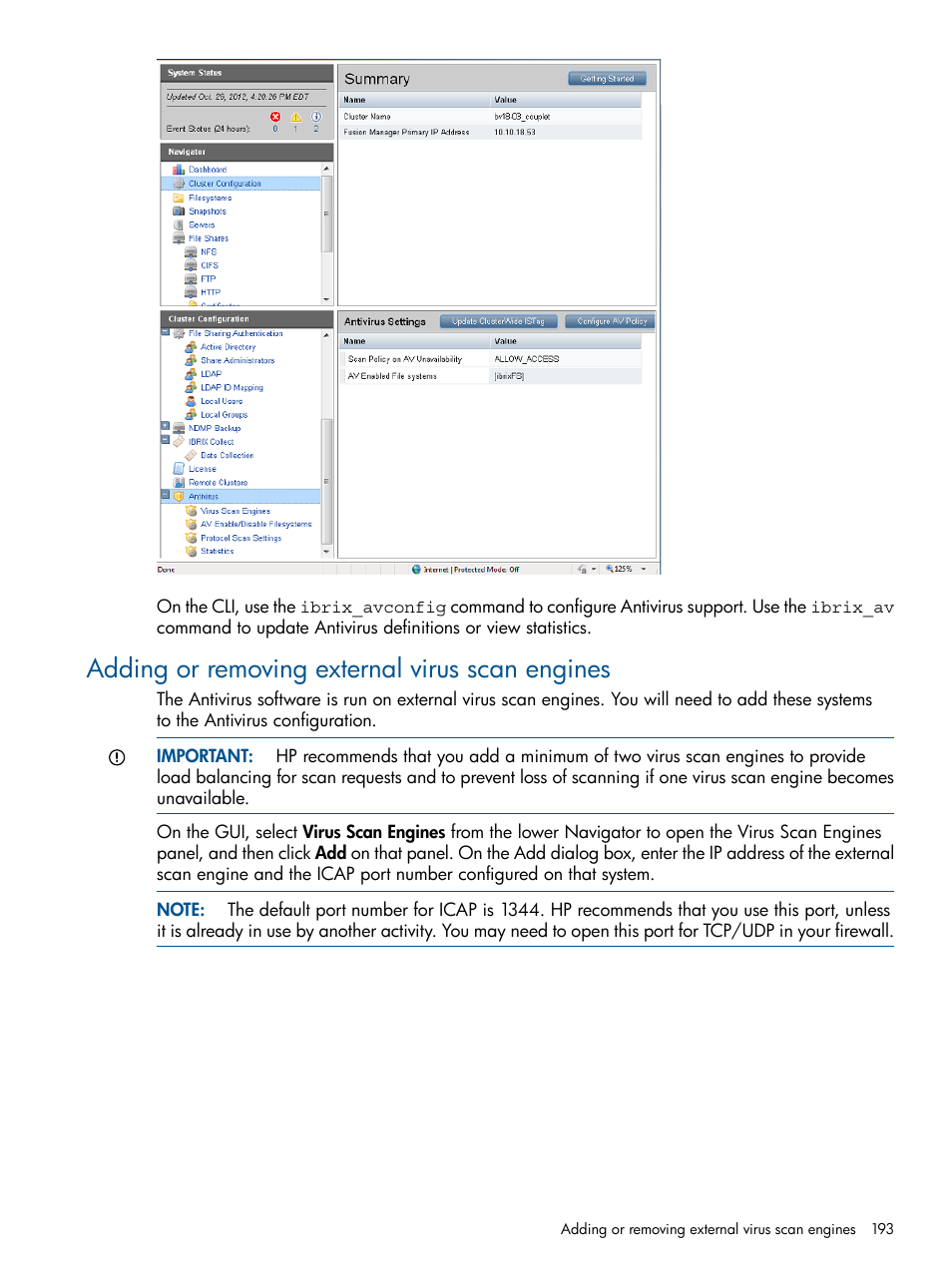 Adding or removing external virus scan engines | HP StoreAll Storage User Manual | Page 193 / 254