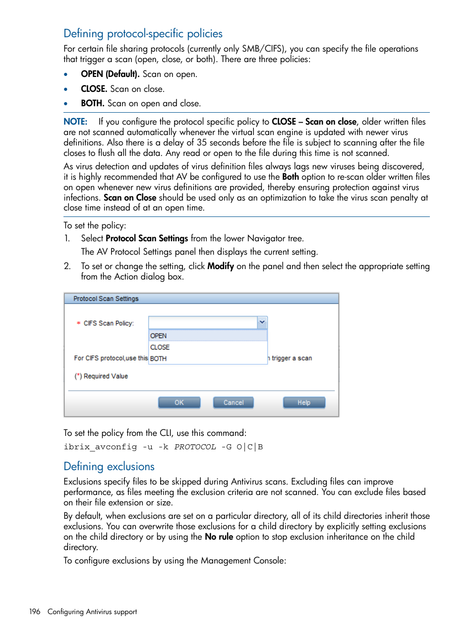 Defining protocol-specific policies, Defining exclusions | HP StoreAll Storage User Manual | Page 196 / 254