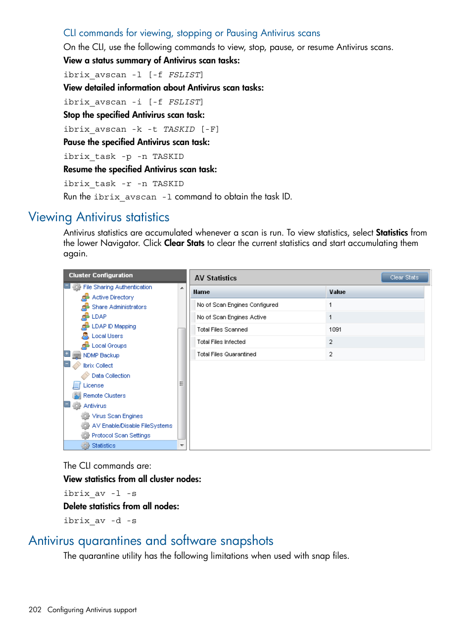 Viewing antivirus statistics, Antivirus quarantines and software snapshots | HP StoreAll Storage User Manual | Page 202 / 254