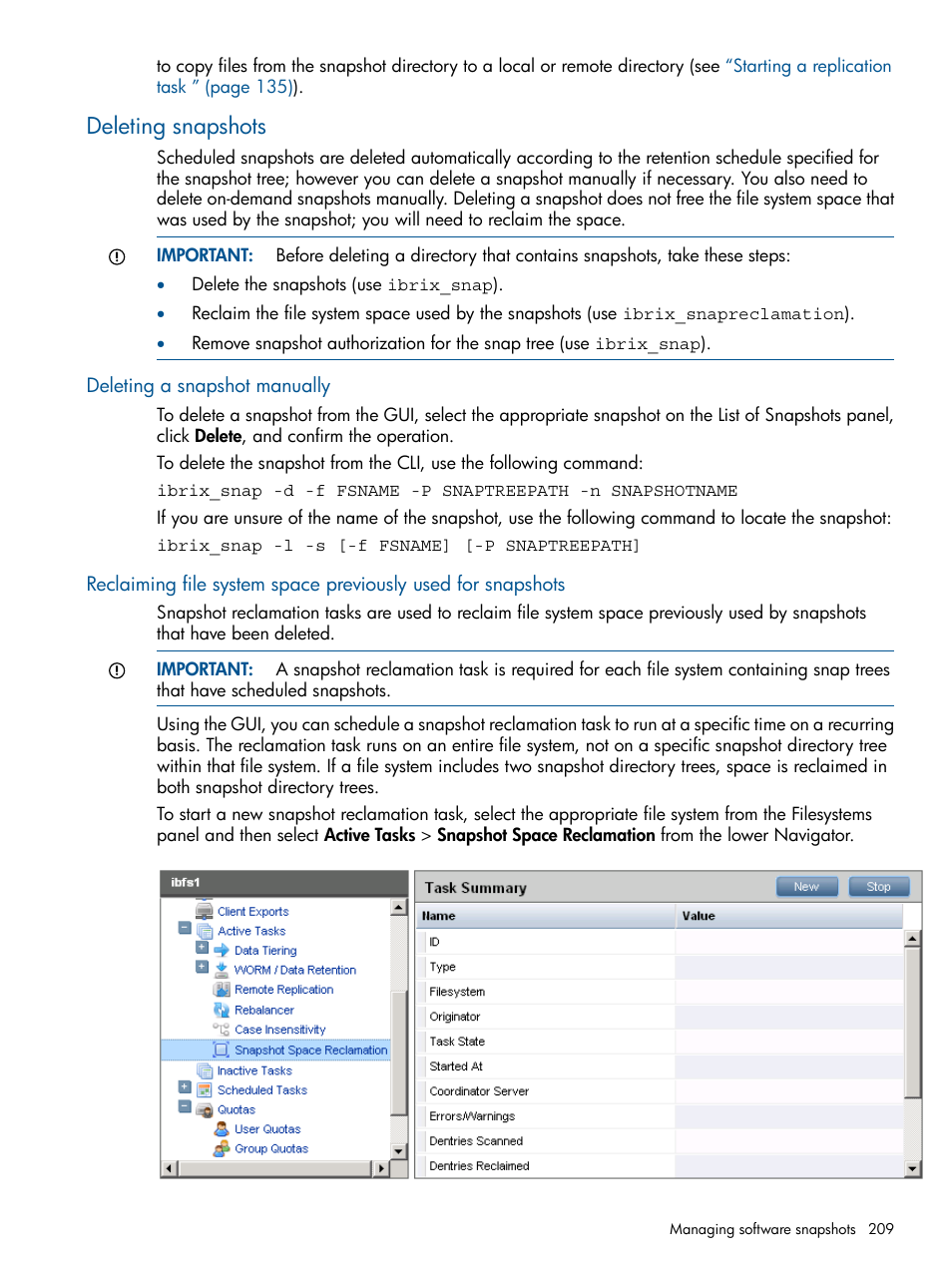 Deleting snapshots, Deleting a snapshot manually | HP StoreAll Storage User Manual | Page 209 / 254