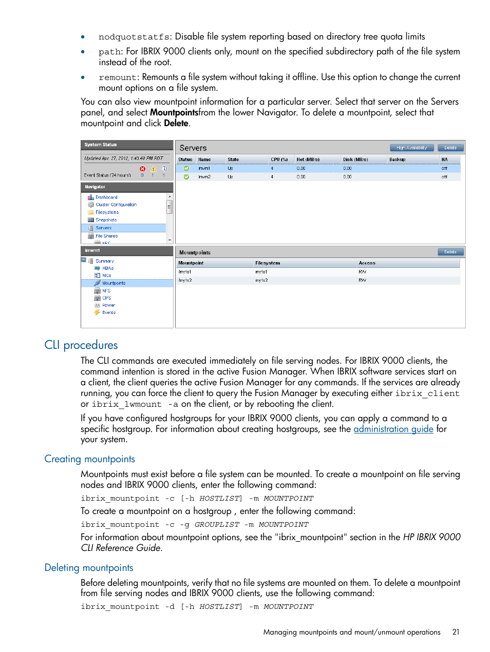 Cli procedures, Creating mountpoints, Deleting mountpoints | HP StoreAll Storage User Manual | Page 21 / 254