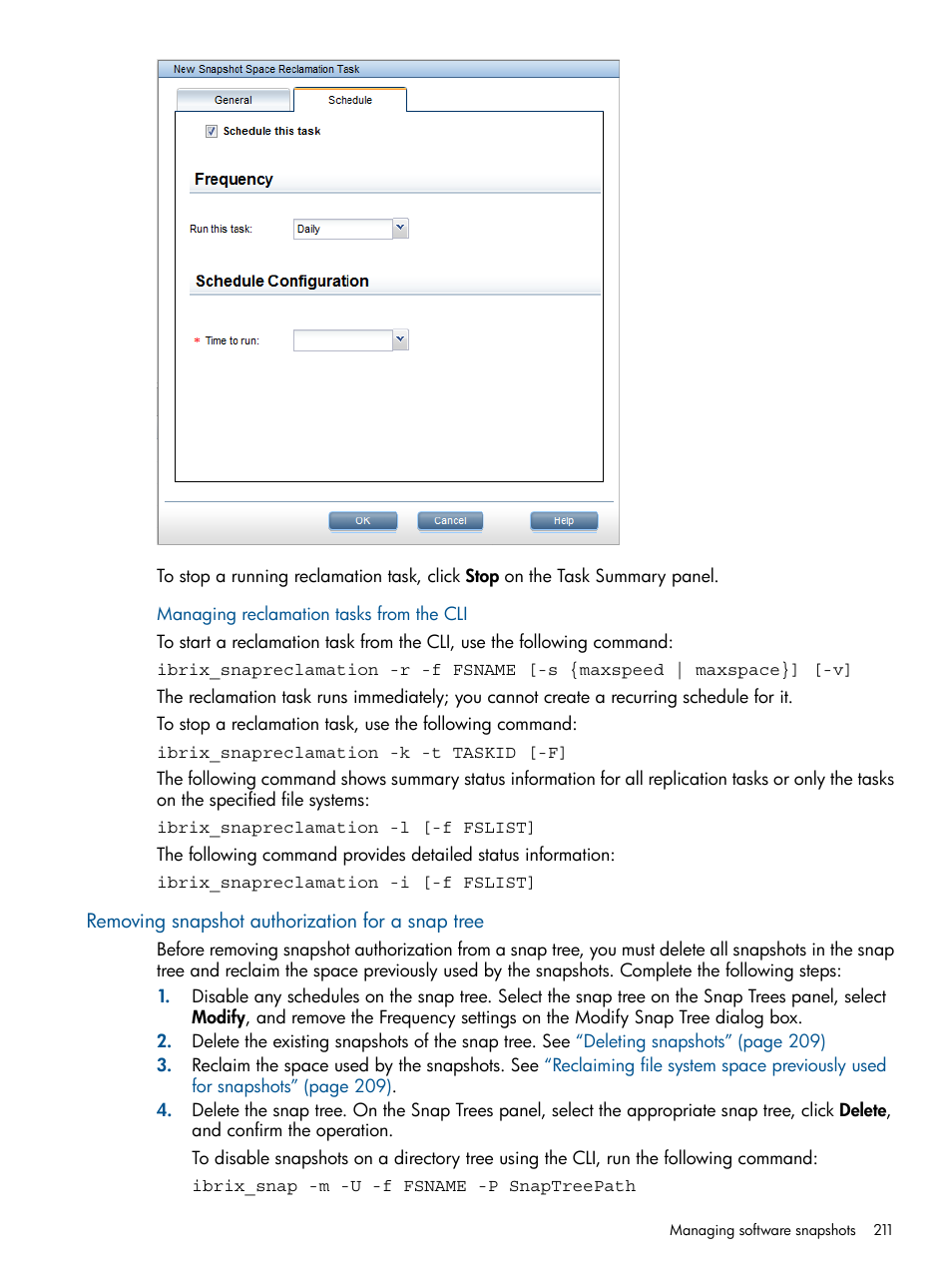 Removing snapshot authorization for a snap tree | HP StoreAll Storage User Manual | Page 211 / 254