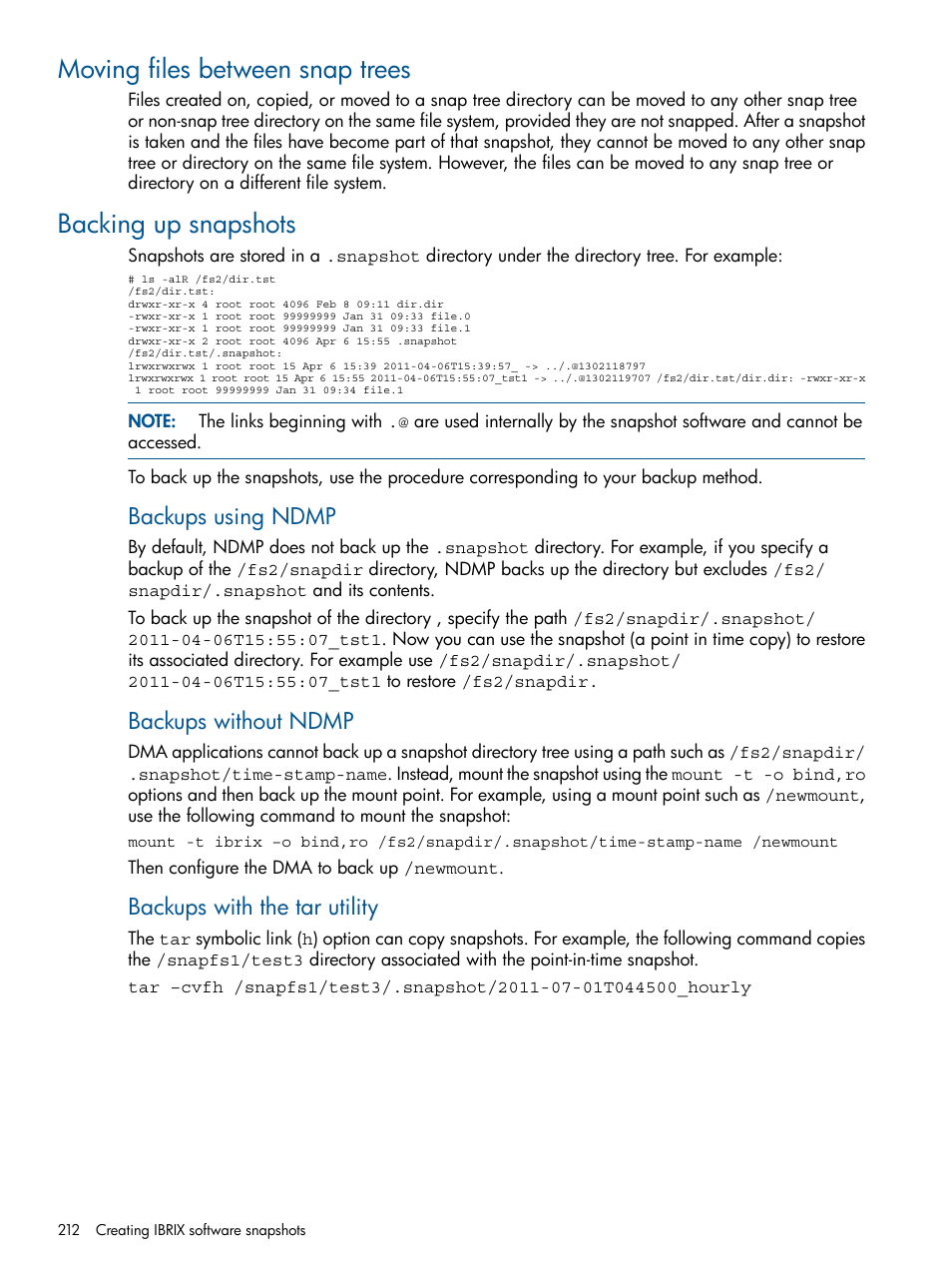 Moving files between snap trees, Backing up snapshots, Backups using ndmp | Backups without ndmp, Backups with the tar utility | HP StoreAll Storage User Manual | Page 212 / 254