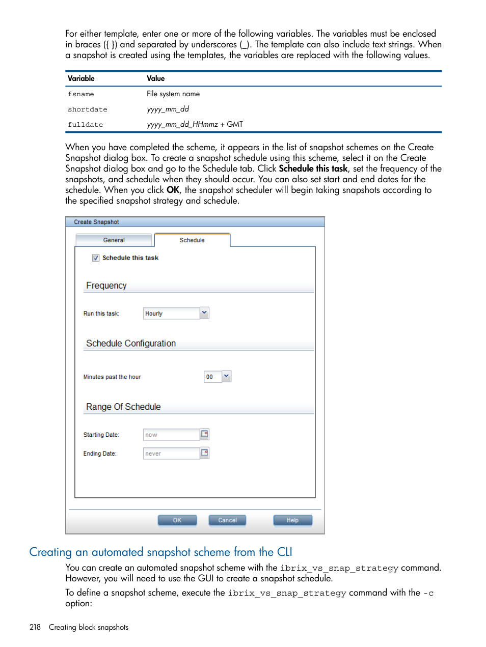 Creating an automated snapshot scheme from the cli | HP StoreAll Storage User Manual | Page 218 / 254