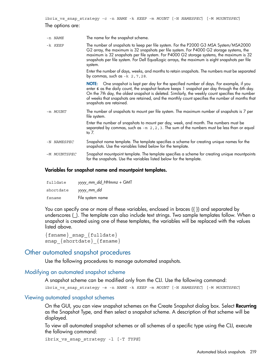 Other automated snapshot procedures, Modifying an automated snapshot scheme, Viewing automated snapshot schemes | HP StoreAll Storage User Manual | Page 219 / 254