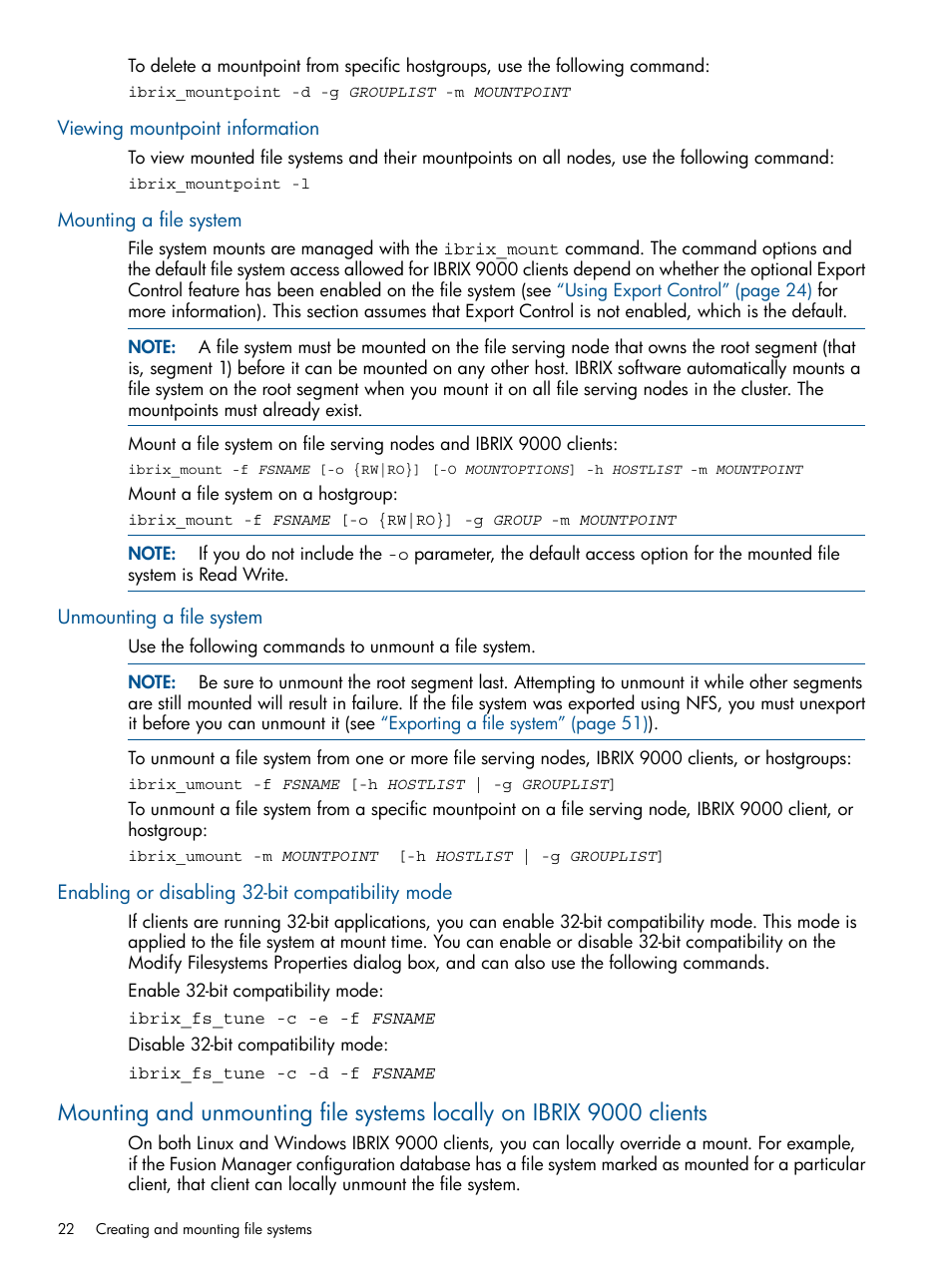 Viewing mountpoint information, Mounting a file system, Unmounting a file system | Enabling or disabling 32-bit compatibility mode | HP StoreAll Storage User Manual | Page 22 / 254