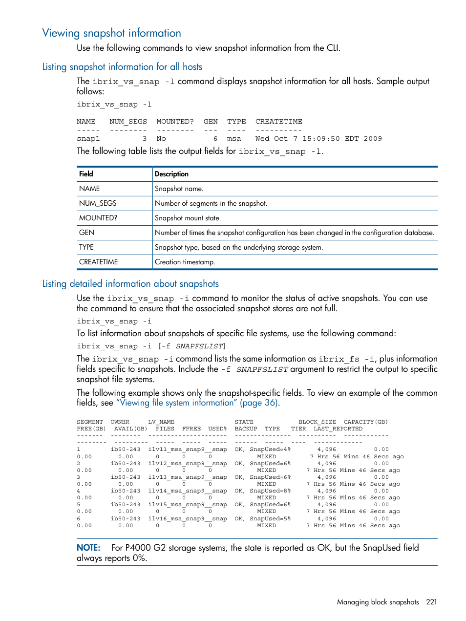 Viewing snapshot information, Listing snapshot information for all hosts, Listing detailed information about snapshots | HP StoreAll Storage User Manual | Page 221 / 254