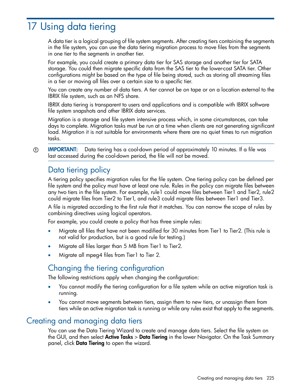 17 using data tiering, Creating and managing data tiers, Using | Data tiering policy, Changing the tiering configuration | HP StoreAll Storage User Manual | Page 225 / 254