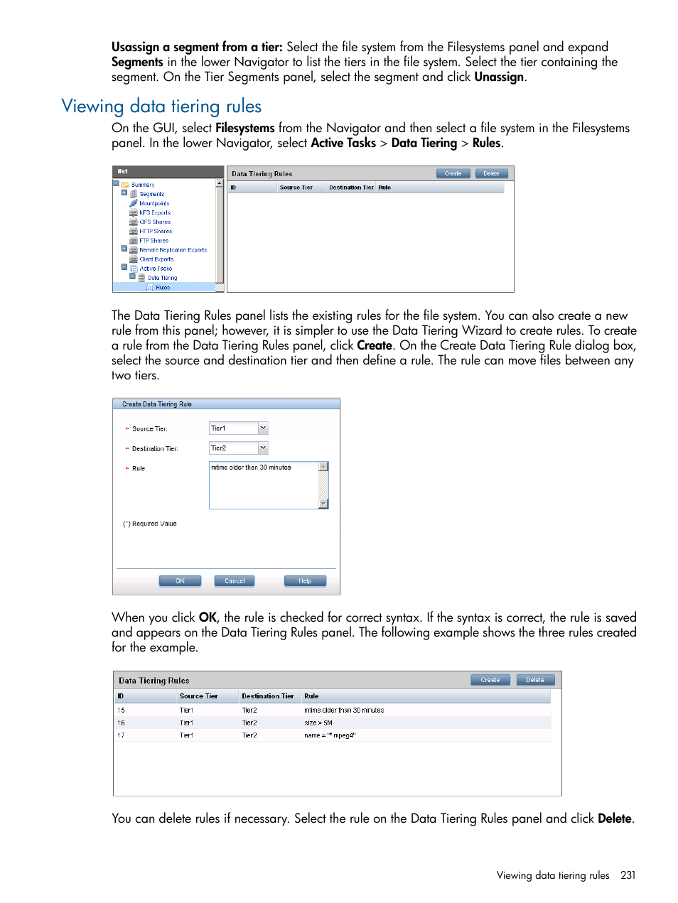 Viewing data tiering rules | HP StoreAll Storage User Manual | Page 231 / 254