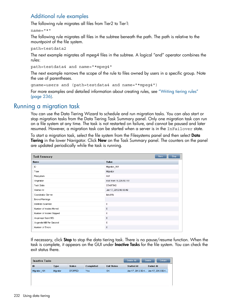 Running a migration task, Additional rule examples | HP StoreAll Storage User Manual | Page 232 / 254