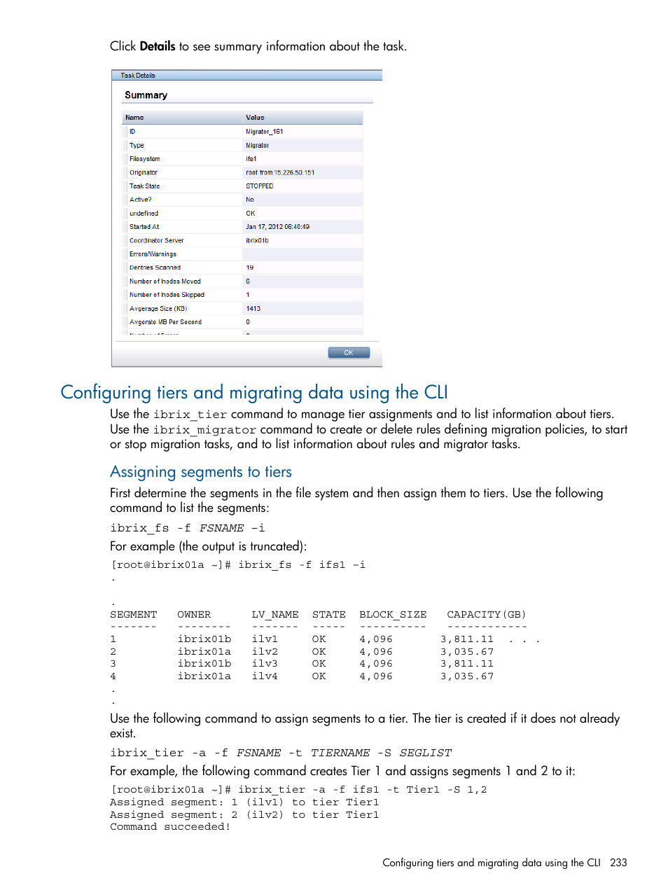 Configuring tiers and migrating data using the cli, Assigning segments to tiers | HP StoreAll Storage User Manual | Page 233 / 254