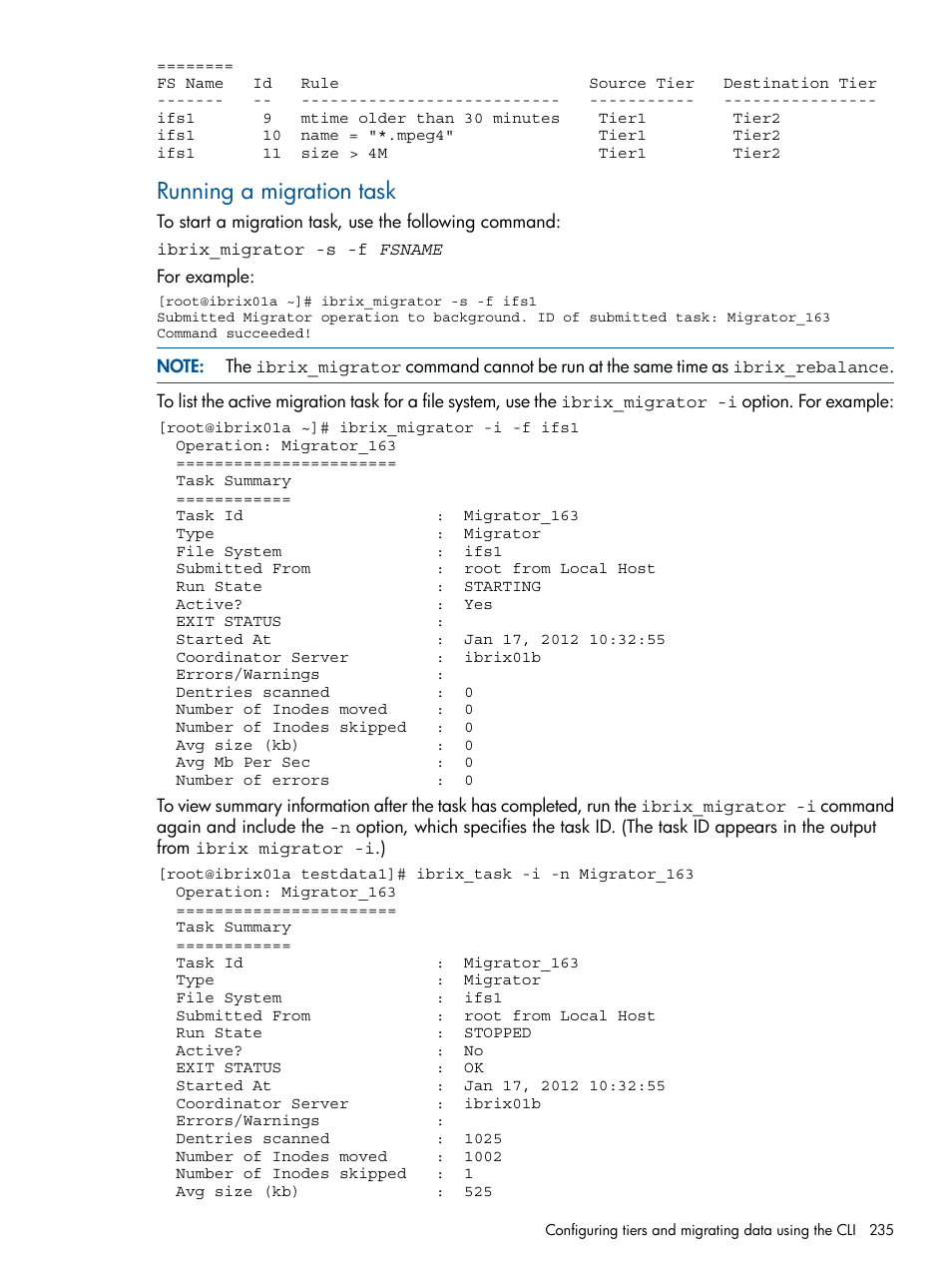 Running a migration task | HP StoreAll Storage User Manual | Page 235 / 254