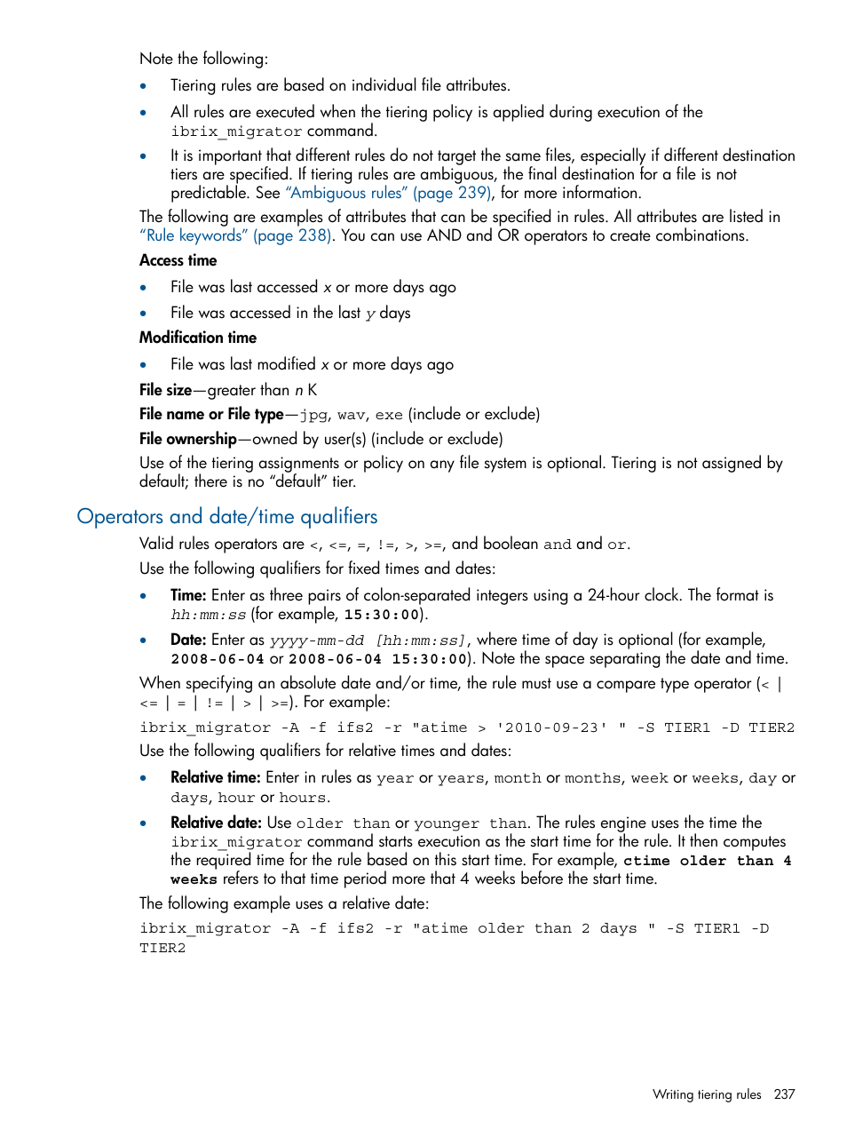 Operators and date/time qualifiers | HP StoreAll Storage User Manual | Page 237 / 254