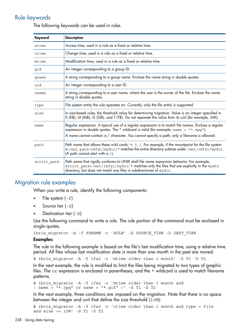 Rule keywords, Migration rule examples, Rule keywords migration rule examples | HP StoreAll Storage User Manual | Page 238 / 254