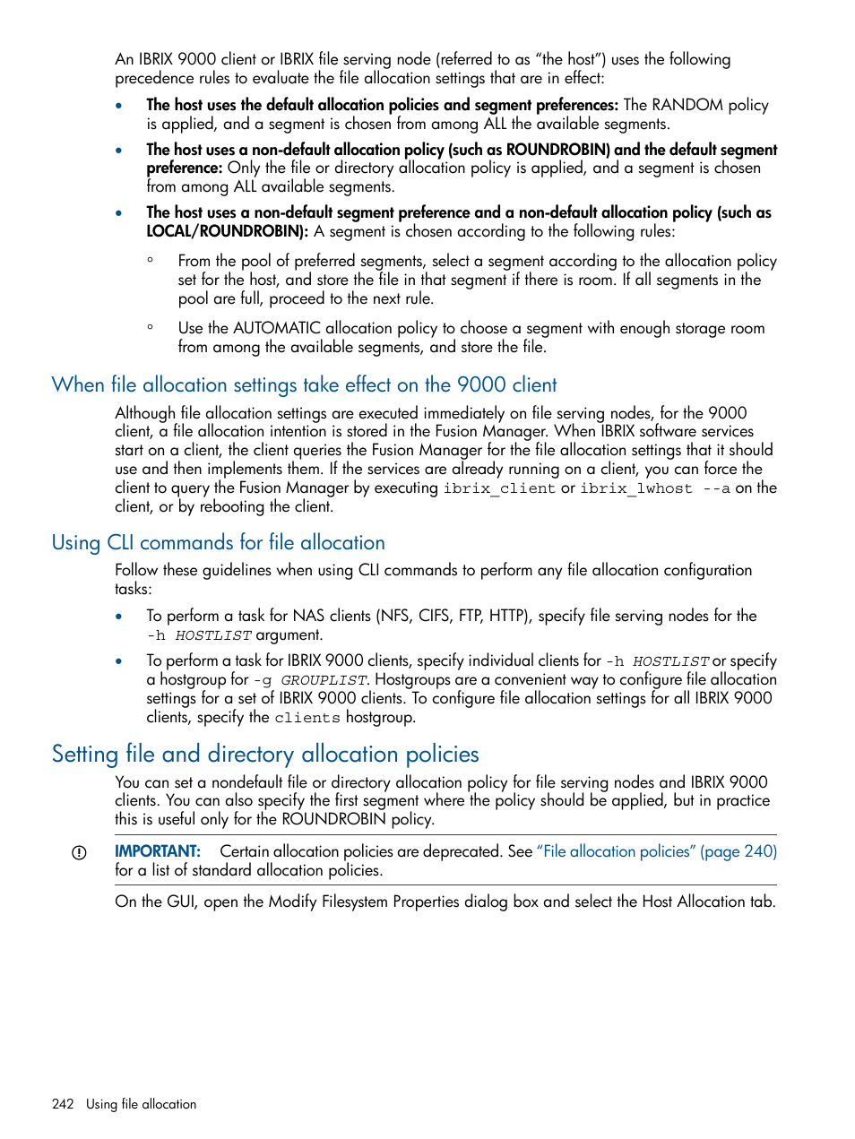 Using cli commands for file allocation, Setting file and directory allocation policies | HP StoreAll Storage User Manual | Page 242 / 254