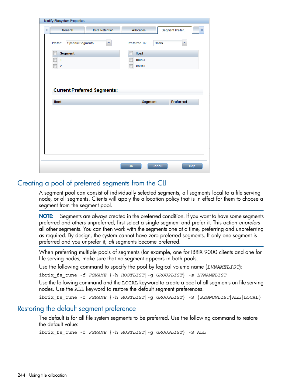 Creating a pool of preferred segments from the cli, Restoring the default segment preference | HP StoreAll Storage User Manual | Page 244 / 254