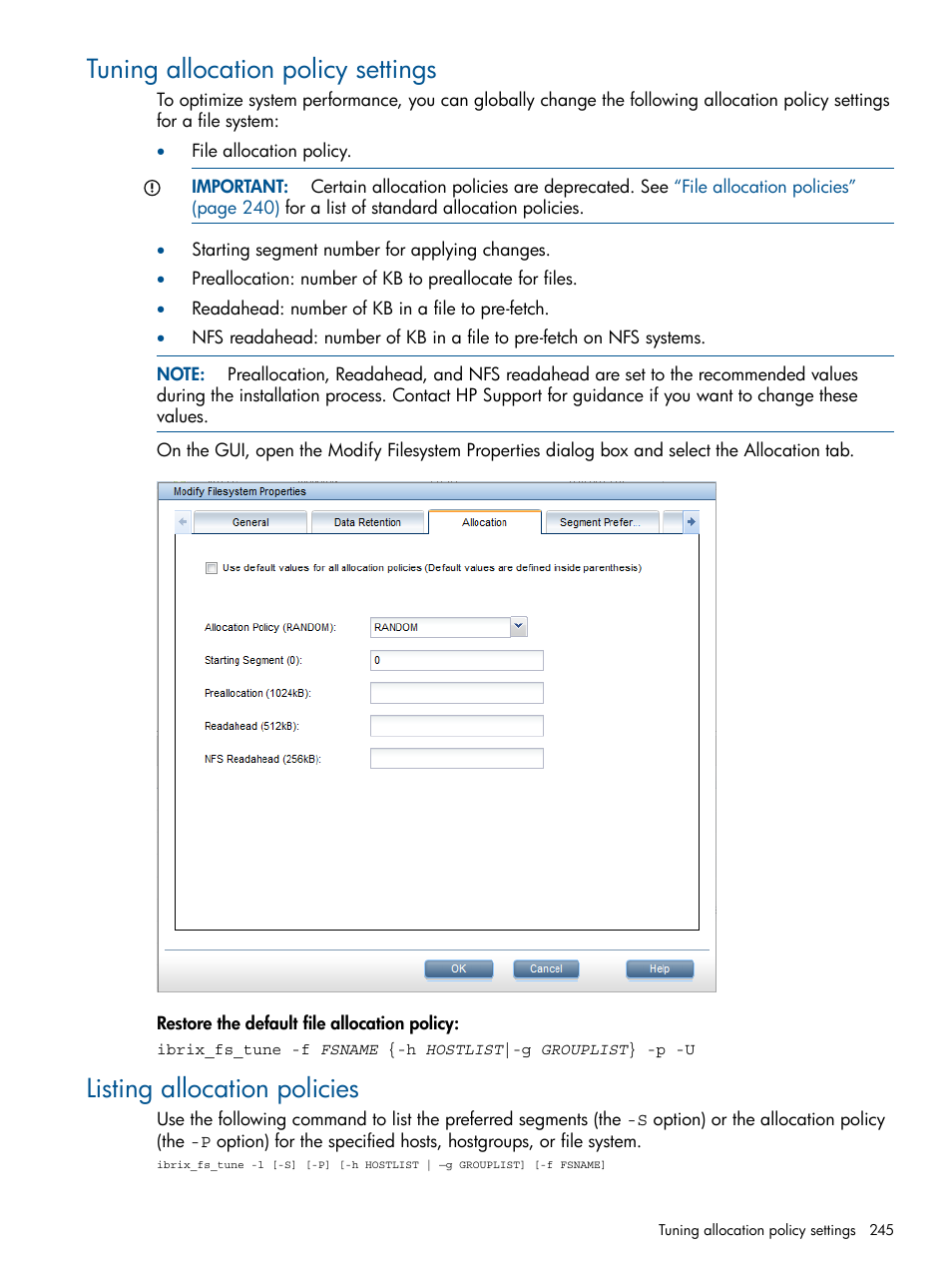 Tuning allocation policy settings, Listing allocation policies | HP StoreAll Storage User Manual | Page 245 / 254