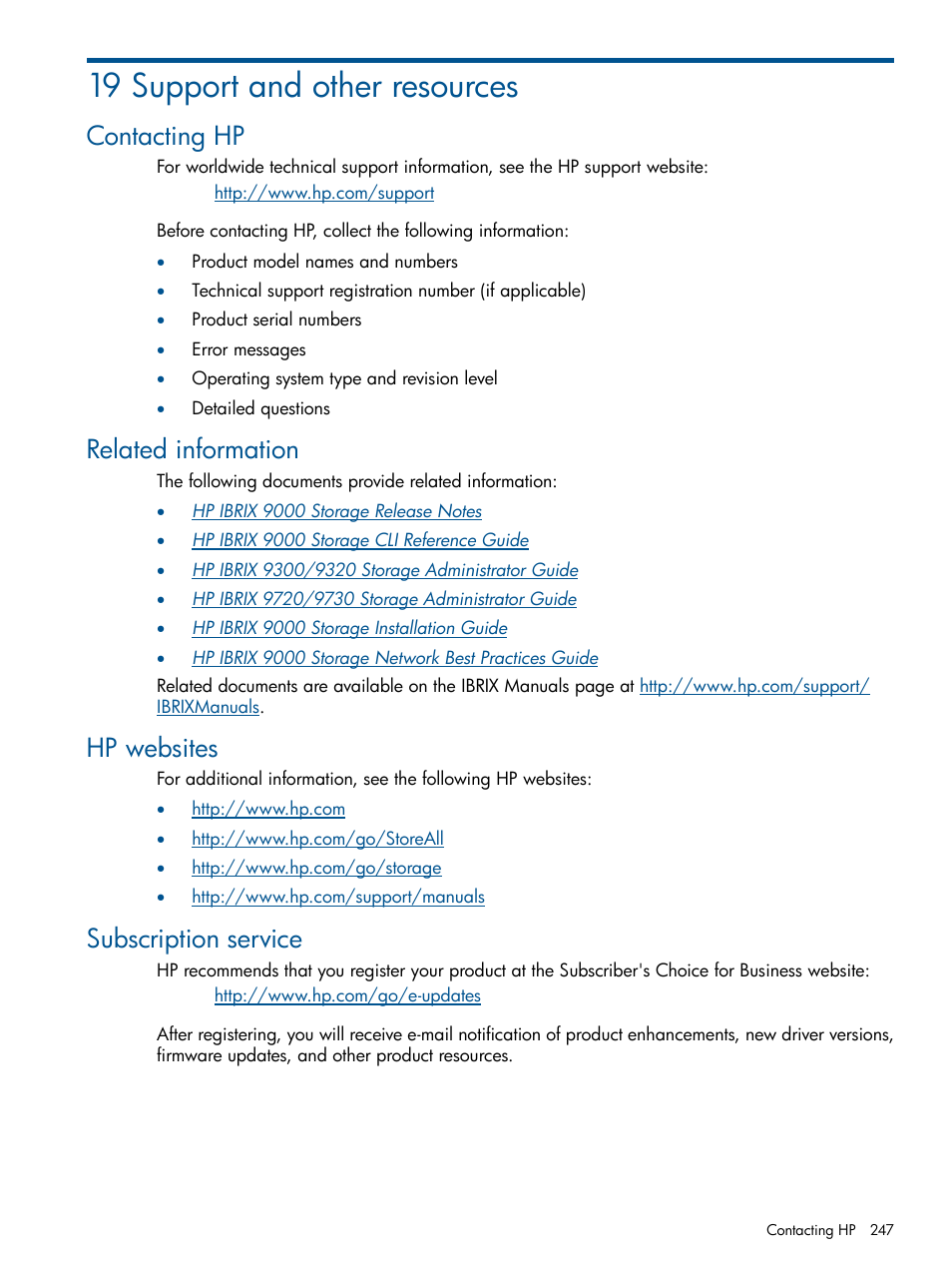 19 support and other resources, Contacting hp, Related information | Hp websites, Subscription service | HP StoreAll Storage User Manual | Page 247 / 254