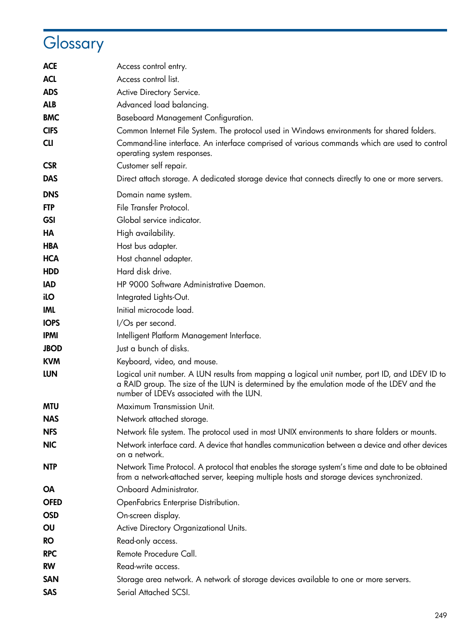 Glossary | HP StoreAll Storage User Manual | Page 249 / 254