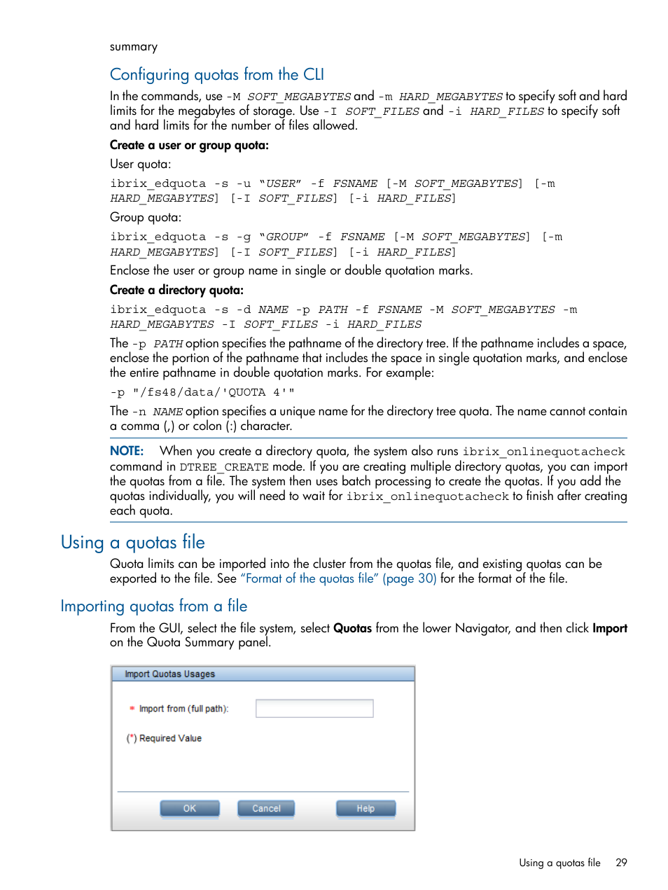 Using a quotas file, Importing quotas from a file, Configuring quotas from the cli | HP StoreAll Storage User Manual | Page 29 / 254