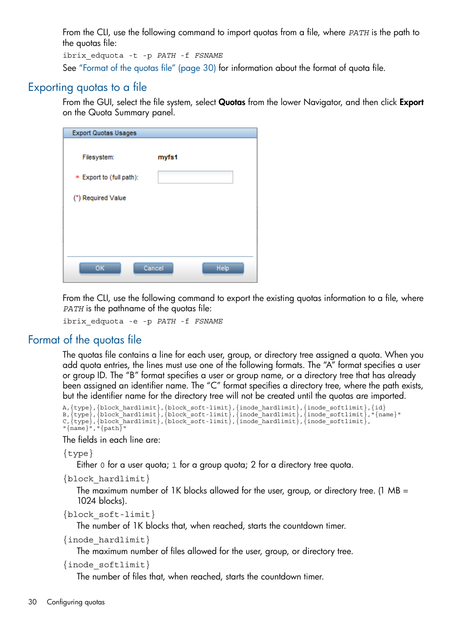 Exporting quotas to a file, Format of the quotas file | HP StoreAll Storage User Manual | Page 30 / 254