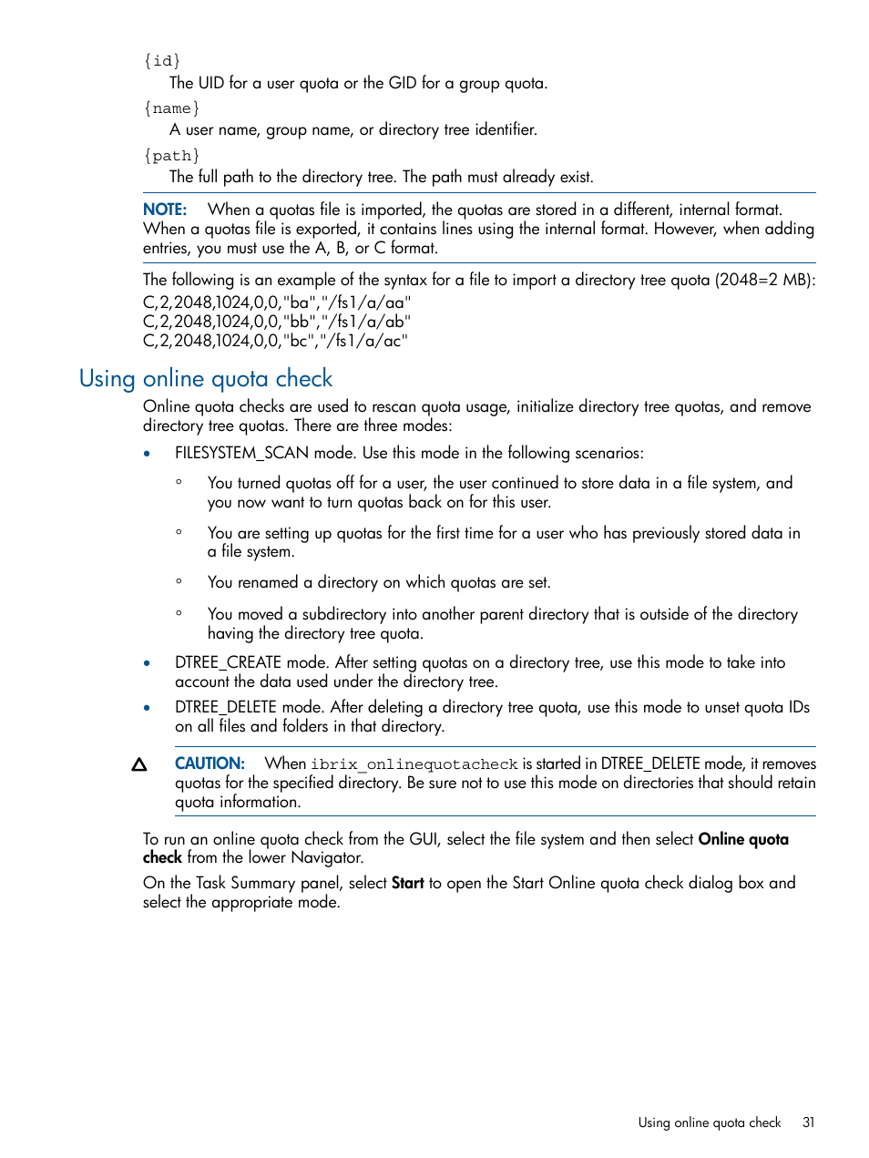 Using online quota check | HP StoreAll Storage User Manual | Page 31 / 254