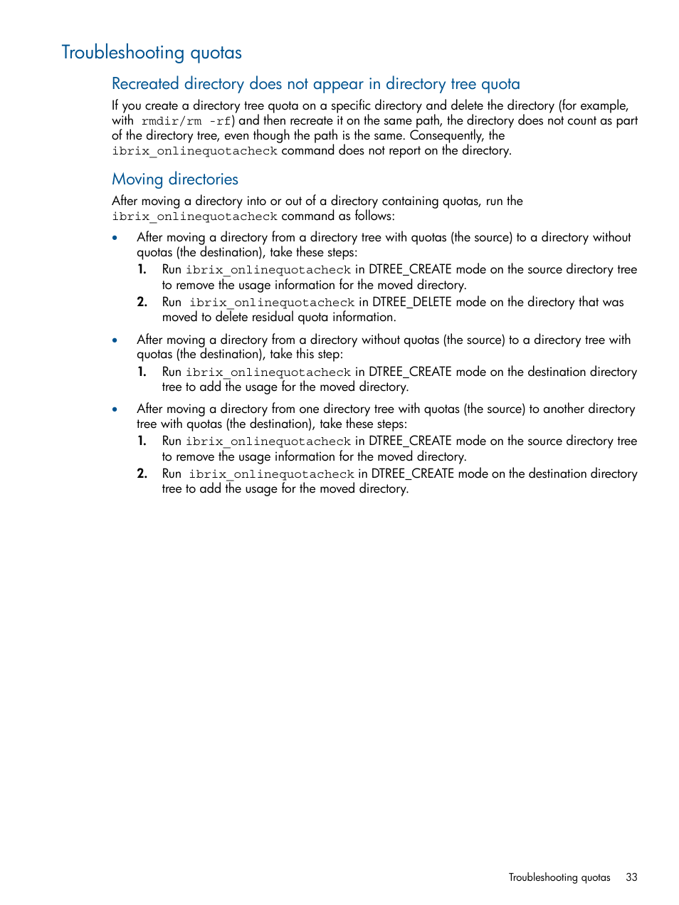Troubleshooting quotas, Moving directories | HP StoreAll Storage User Manual | Page 33 / 254
