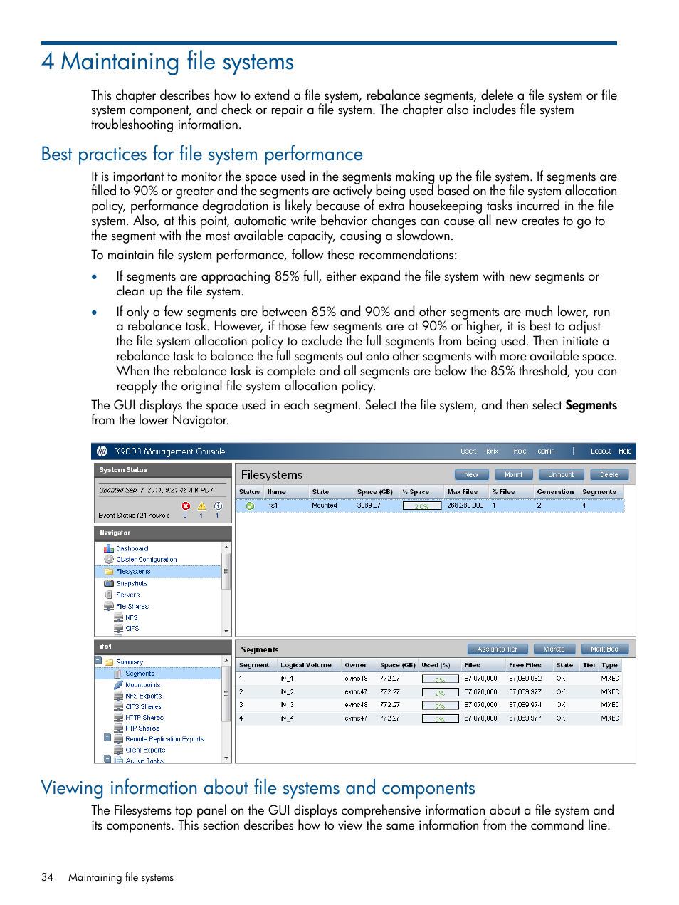 4 maintaining file systems, Best practices for file system performance | HP StoreAll Storage User Manual | Page 34 / 254