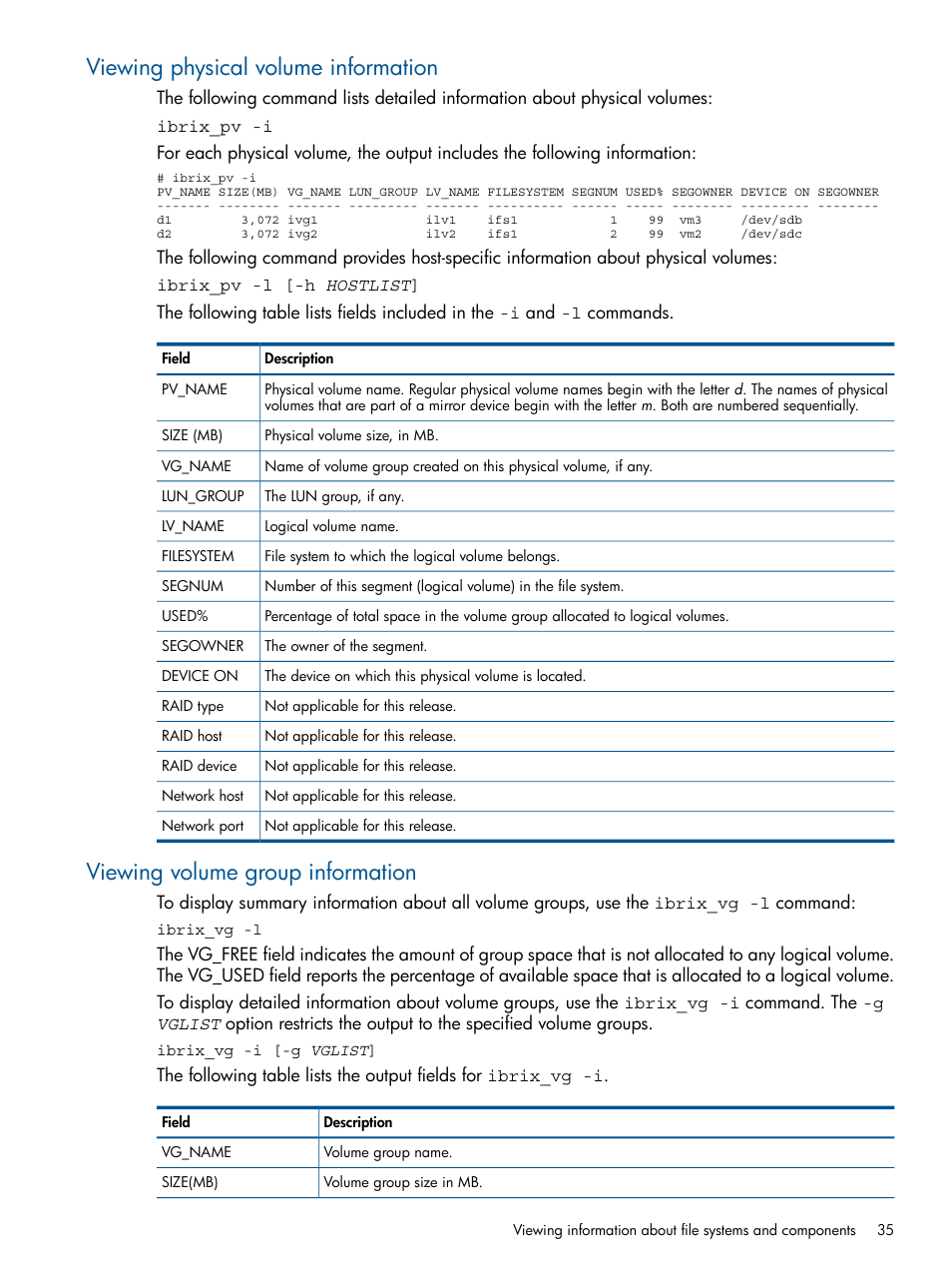 Viewing physical volume information, Viewing volume group information | HP StoreAll Storage User Manual | Page 35 / 254