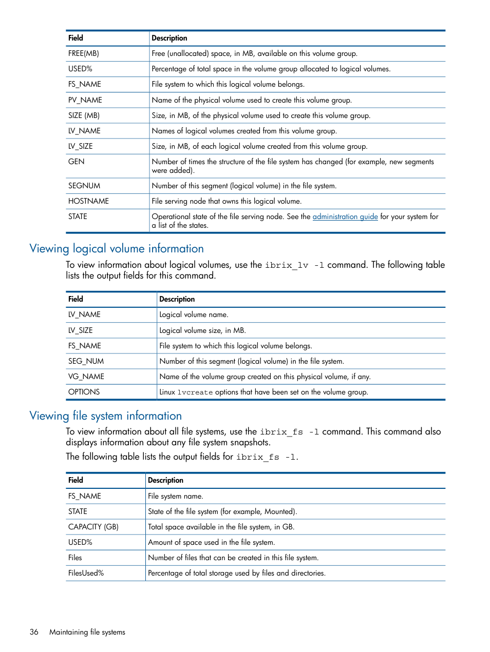 Viewing logical volume information, Viewing file system information | HP StoreAll Storage User Manual | Page 36 / 254