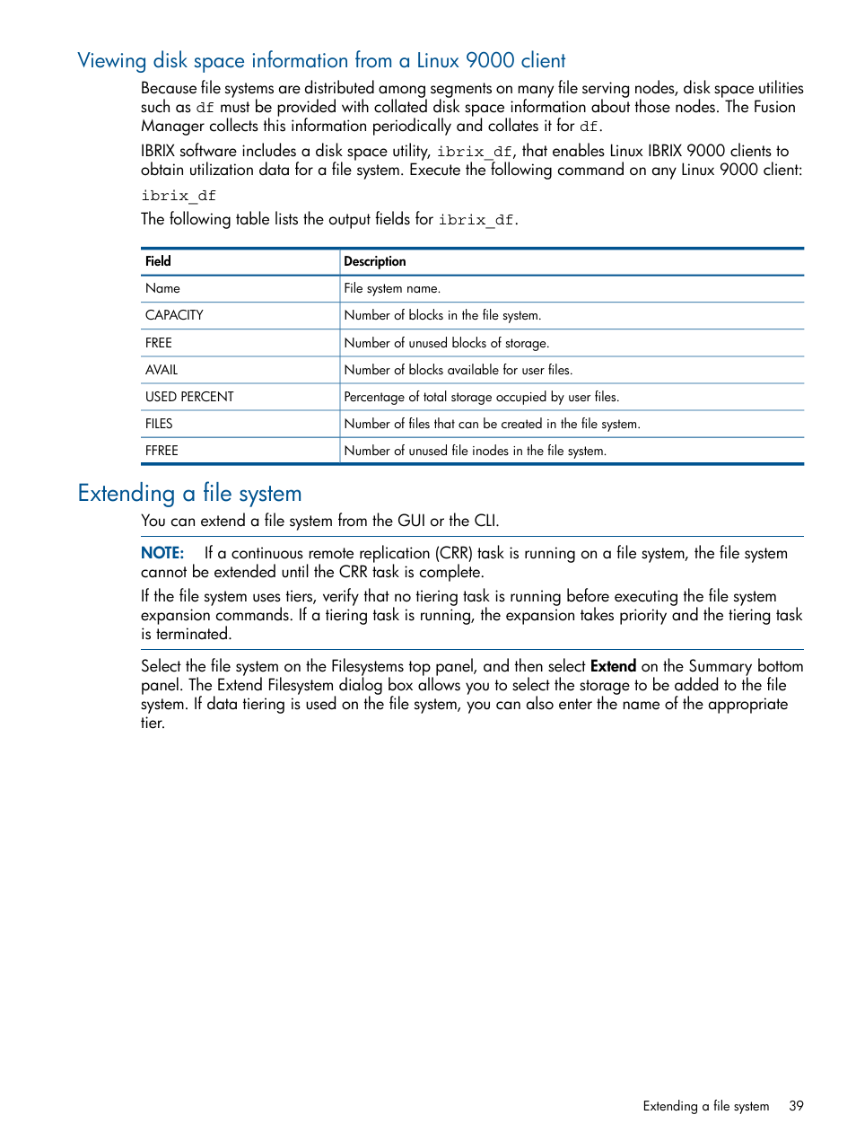 Extending a file system | HP StoreAll Storage User Manual | Page 39 / 254