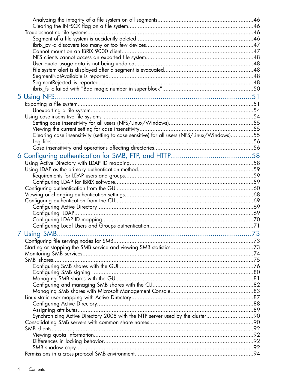 5 using nfs, 7 using smb | HP StoreAll Storage User Manual | Page 4 / 254