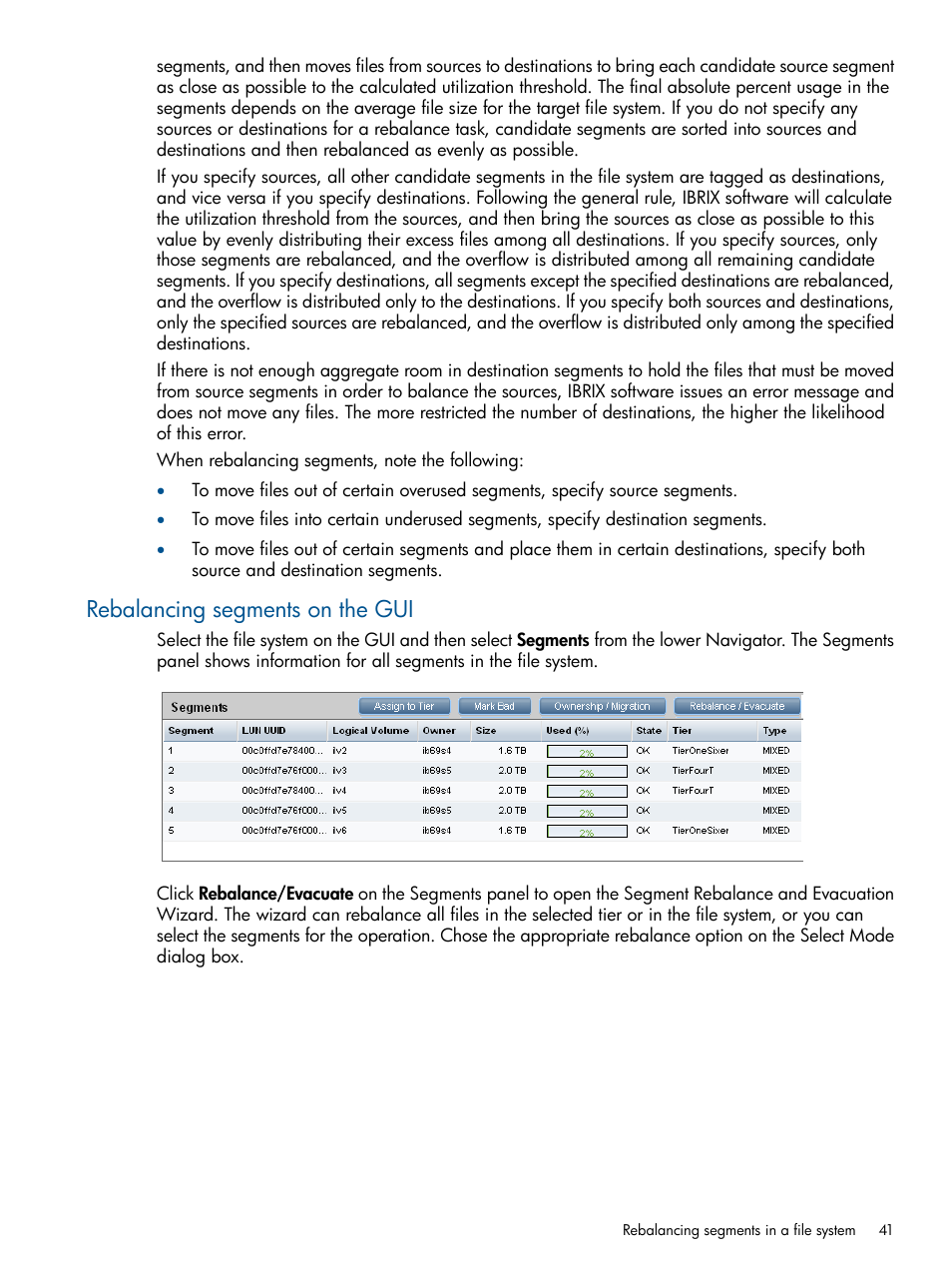 Rebalancing segments on the gui | HP StoreAll Storage User Manual | Page 41 / 254
