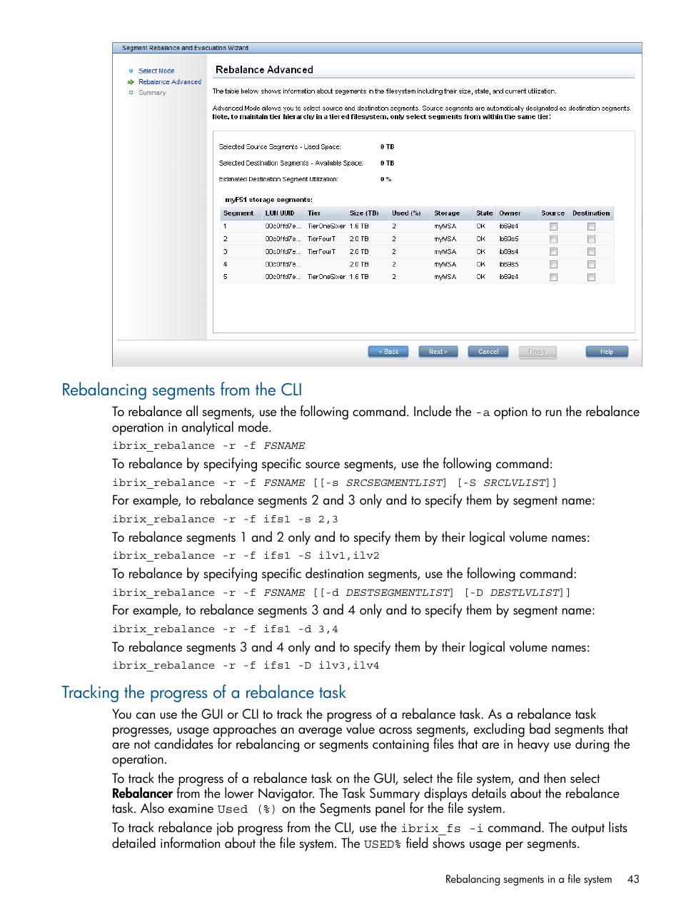 Rebalancing segments from the cli, Tracking the progress of a rebalance task | HP StoreAll Storage User Manual | Page 43 / 254