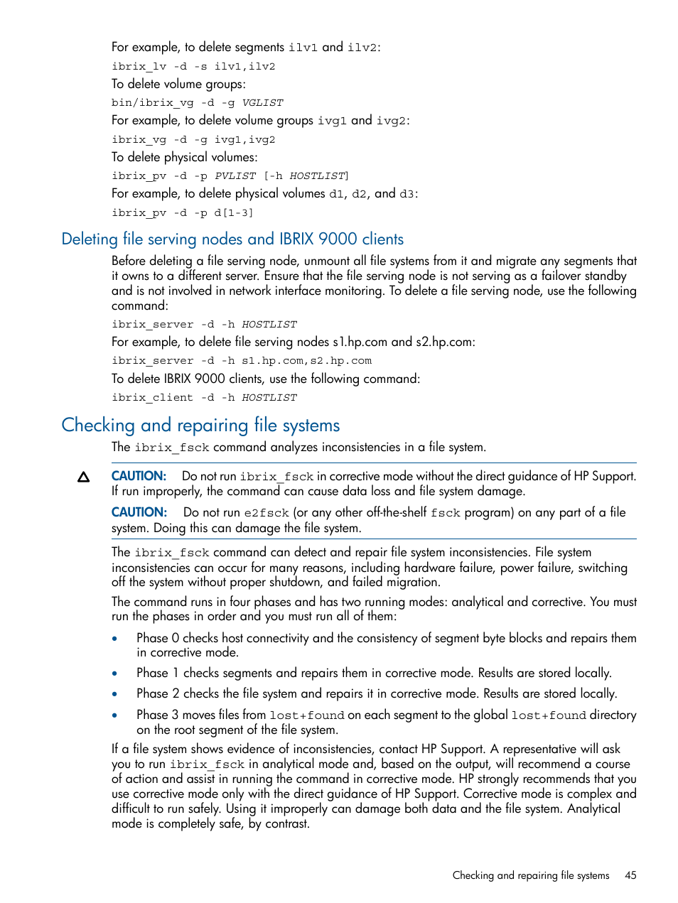 Deleting file serving nodes and ibrix 9000 clients, Checking and repairing file systems | HP StoreAll Storage User Manual | Page 45 / 254